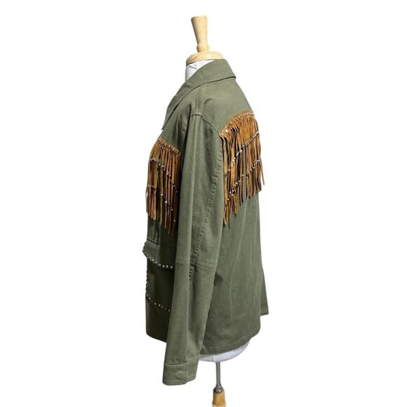 Zara Women Outerwear Metal Studded Army Green Fringe Jacket Western Deco Size L - Picture 4 of 7